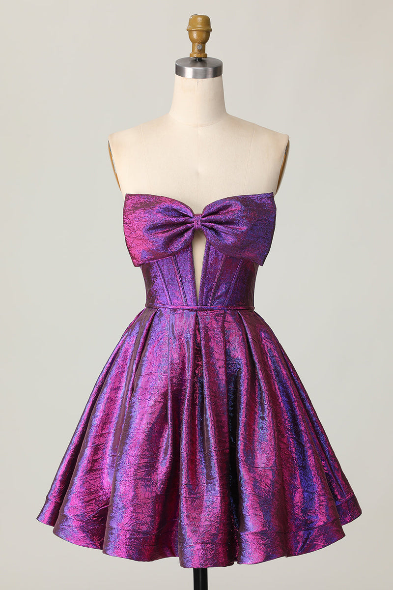 Load image into Gallery viewer, Dark Purple Strapless Metallic Corset Short Homecoming Dress with Bow
