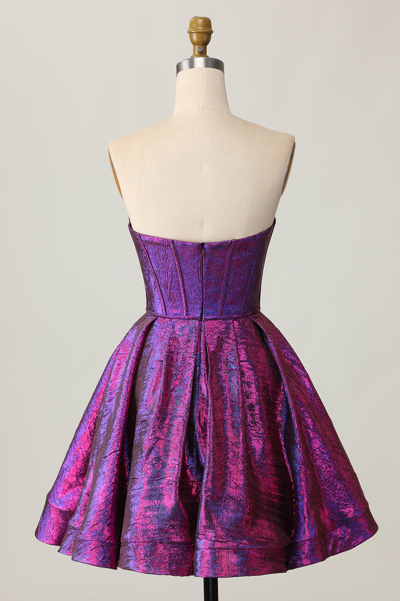 Load image into Gallery viewer, Dark Purple Strapless Metallic Corset Short Homecoming Dress with Bow