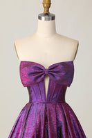 Load image into Gallery viewer, Dark Purple Strapless Metallic Corset Short Homecoming Dress with Bow