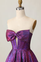 Load image into Gallery viewer, Dark Purple Strapless Metallic Corset Short Homecoming Dress with Bow