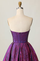 Load image into Gallery viewer, Dark Purple Strapless Metallic Corset Short Homecoming Dress with Bow