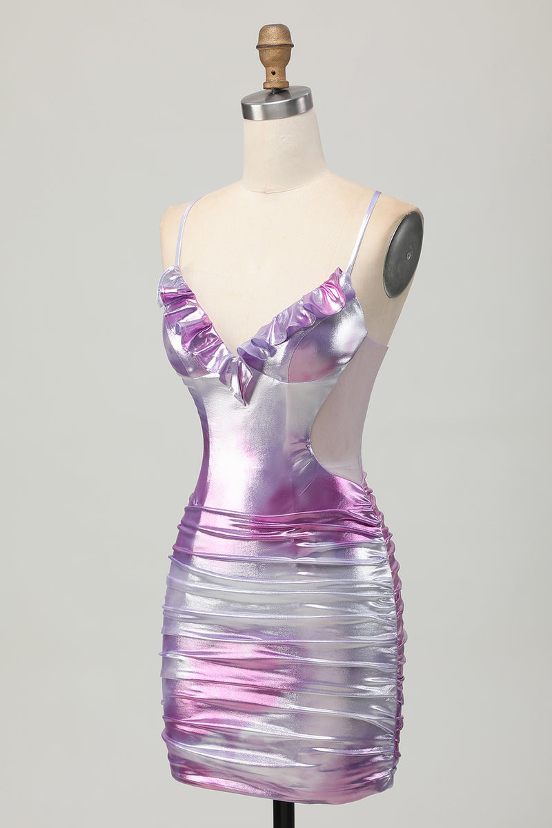 Load image into Gallery viewer, Silver Purple Metallic Bodycon Spaghetti Straps Short Homecoming Dress