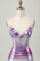 Load image into Gallery viewer, Silver Purple Metallic Bodycon Spaghetti Straps Short Homecoming Dress