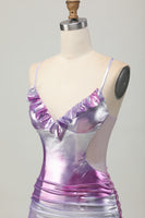 Load image into Gallery viewer, Silver Purple Metallic Bodycon Spaghetti Straps Short Homecoming Dress