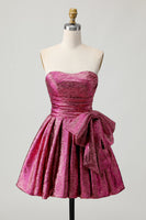 Load image into Gallery viewer, Dark Purple Strapless A Line Metallic Short Homecoming Dress with Bow