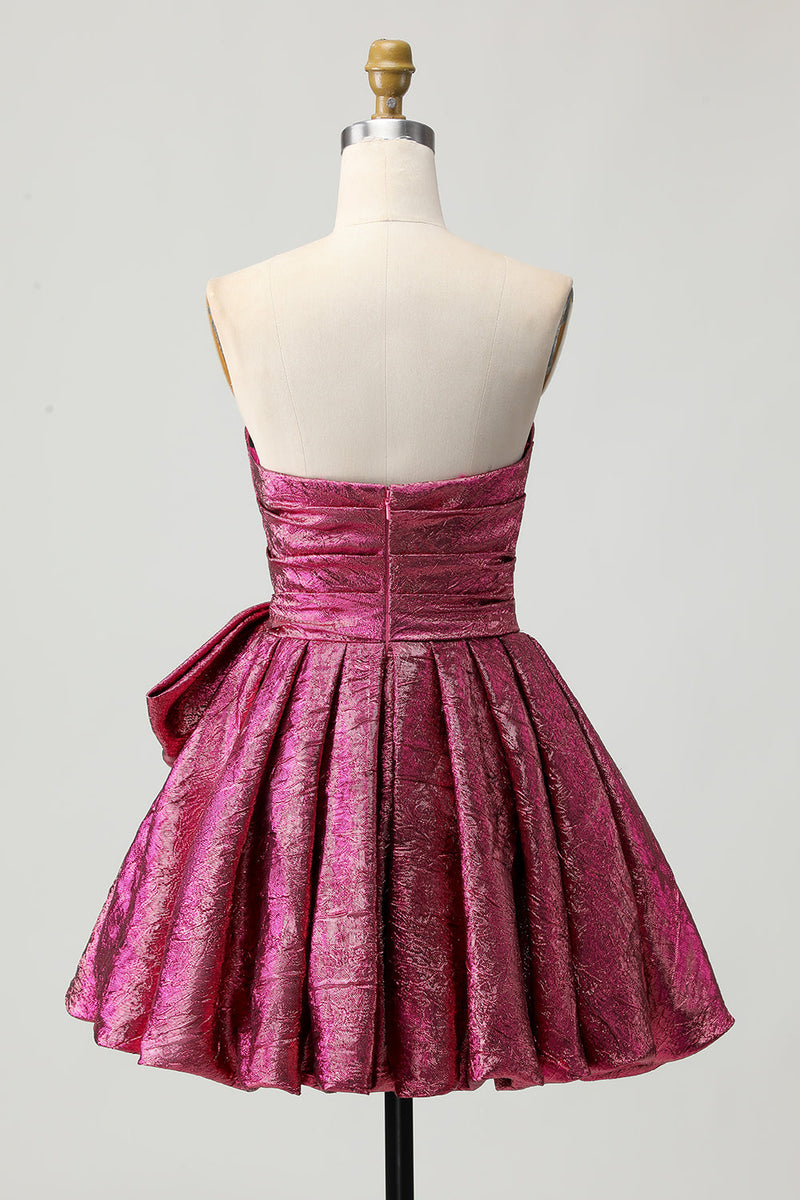 Load image into Gallery viewer, Dark Purple Strapless A Line Metallic Short Homecoming Dress with Bow