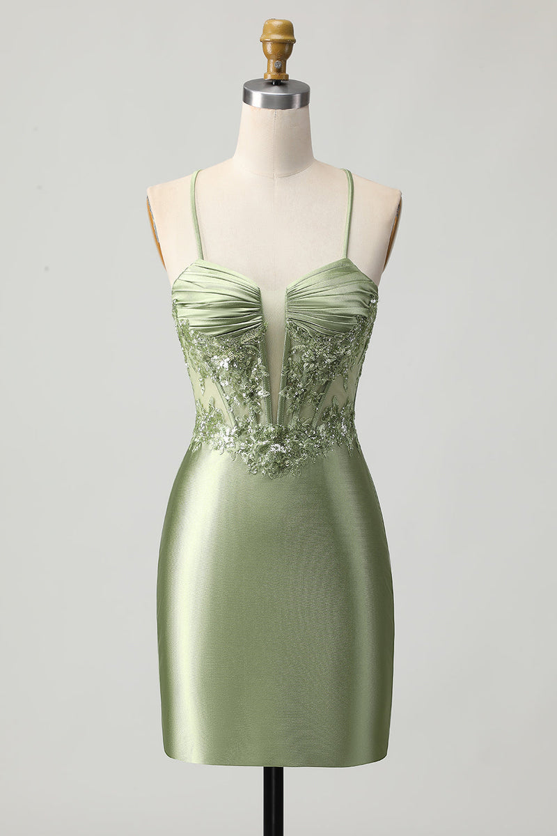 Load image into Gallery viewer, Sparkly Sage Green Short Tight Corset Satin Homecoming Dress