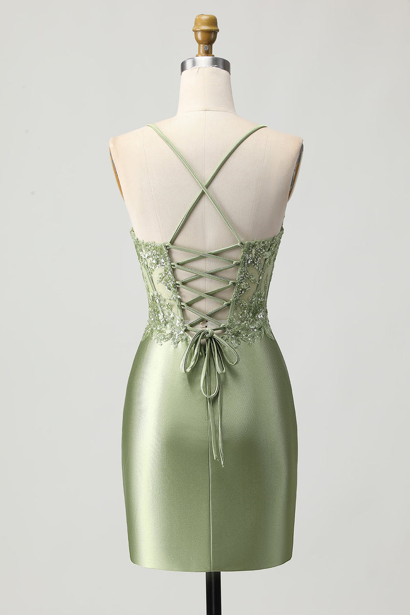 Load image into Gallery viewer, Sparkly Sage Green Short Tight Corset Satin Homecoming Dress