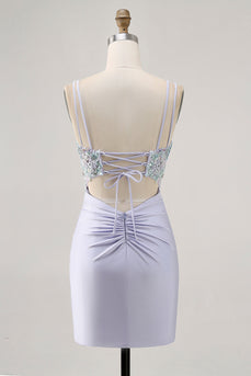 Lavender Floral Short Corset Satin Homecoming Dress with Lace