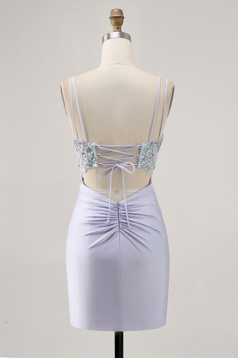 Load image into Gallery viewer, Lavender Floral Short Corset Satin Homecoming Dress with Lace