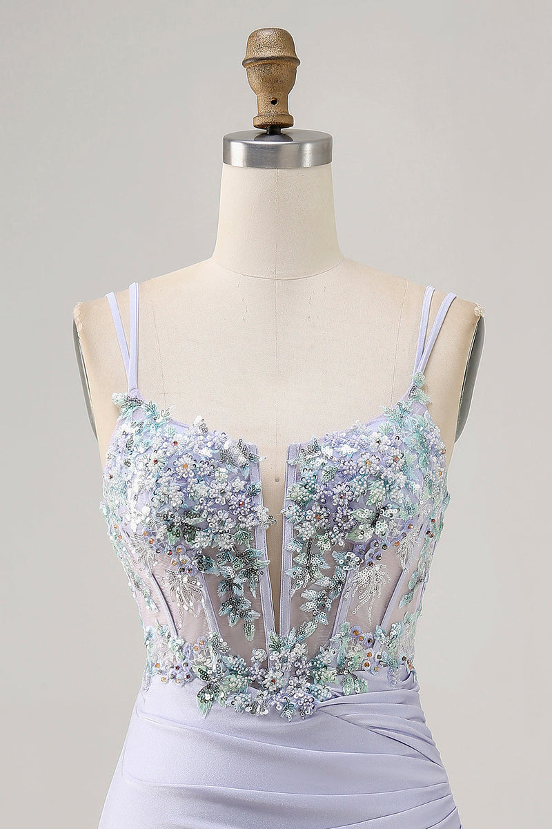 Load image into Gallery viewer, Lavender Floral Short Corset Satin Homecoming Dress with Lace