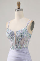 Load image into Gallery viewer, Lavender Floral Short Corset Satin Homecoming Dress with Lace