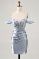 Load image into Gallery viewer, Sparkly Dusty Blue Short Satin Corset Tight Homecoming Dress with Beading