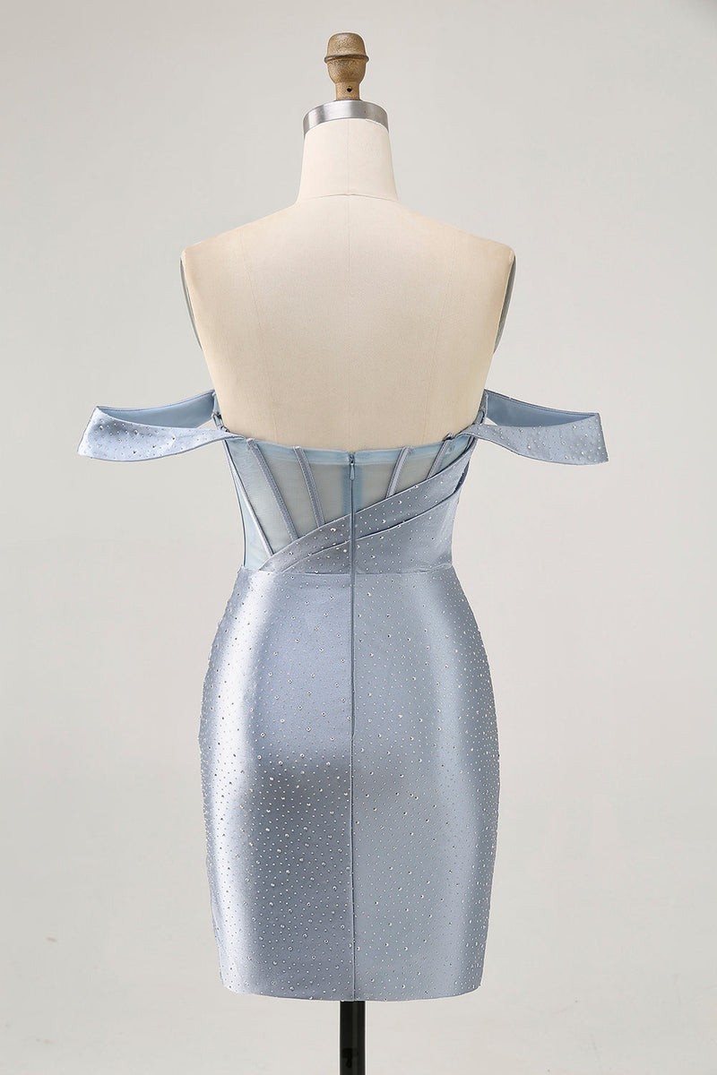 Load image into Gallery viewer, Sparkly Dusty Blue Short Satin Corset Tight Homecoming Dress with Beading