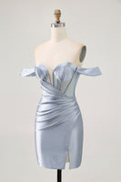 Load image into Gallery viewer, Sparkly Dusty Blue Short Satin Corset Tight Homecoming Dress with Beading