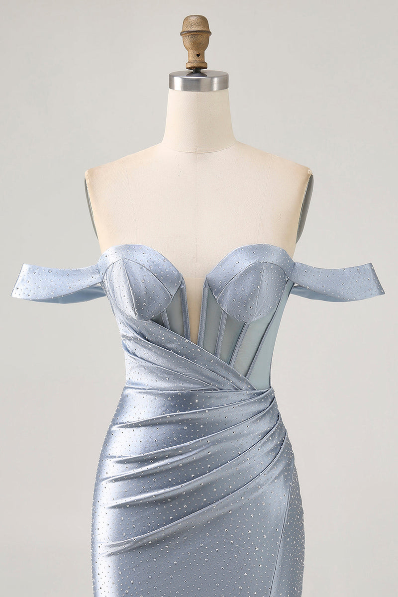 Load image into Gallery viewer, Sparkly Dusty Blue Short Satin Corset Tight Homecoming Dress with Beading