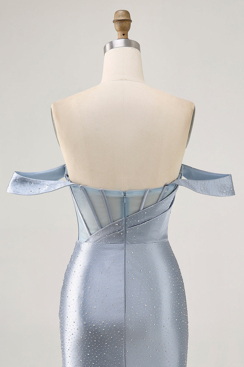 Load image into Gallery viewer, Sparkly Dusty Blue Short Satin Corset Tight Homecoming Dress with Beading