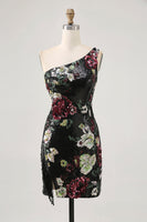 Load image into Gallery viewer, Sparkly One Shoulder Black Sequin Floral Short Homecoming Dress with Fringes