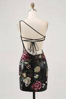 Load image into Gallery viewer, Sparkly One Shoulder Black Sequin Floral Short Homecoming Dress with Fringes