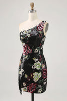 Load image into Gallery viewer, Sparkly One Shoulder Black Sequin Floral Short Homecoming Dress with Fringes