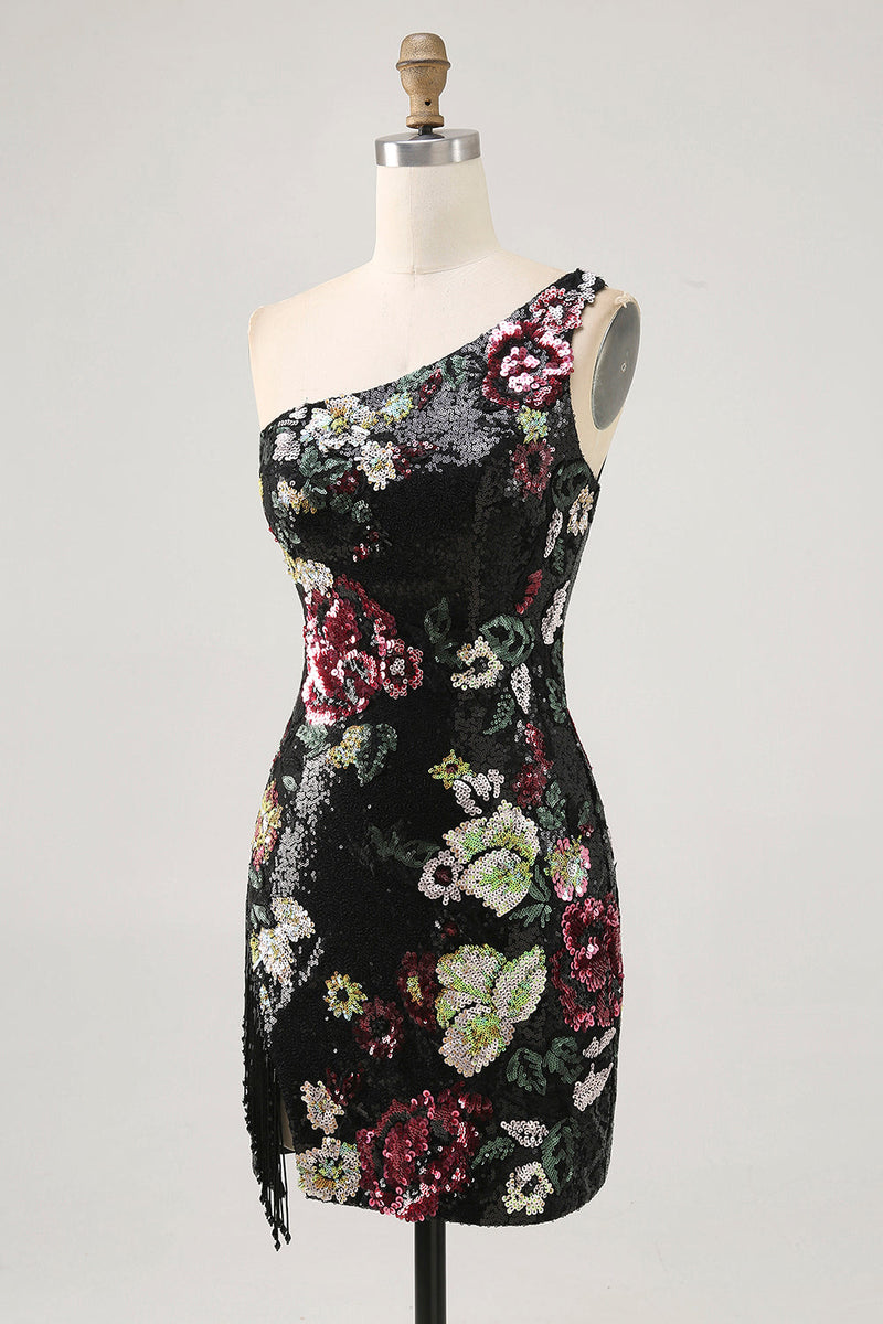 Load image into Gallery viewer, Sparkly One Shoulder Black Sequin Floral Short Homecoming Dress with Fringes