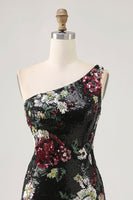 Load image into Gallery viewer, Sparkly One Shoulder Black Sequin Floral Short Homecoming Dress with Fringes