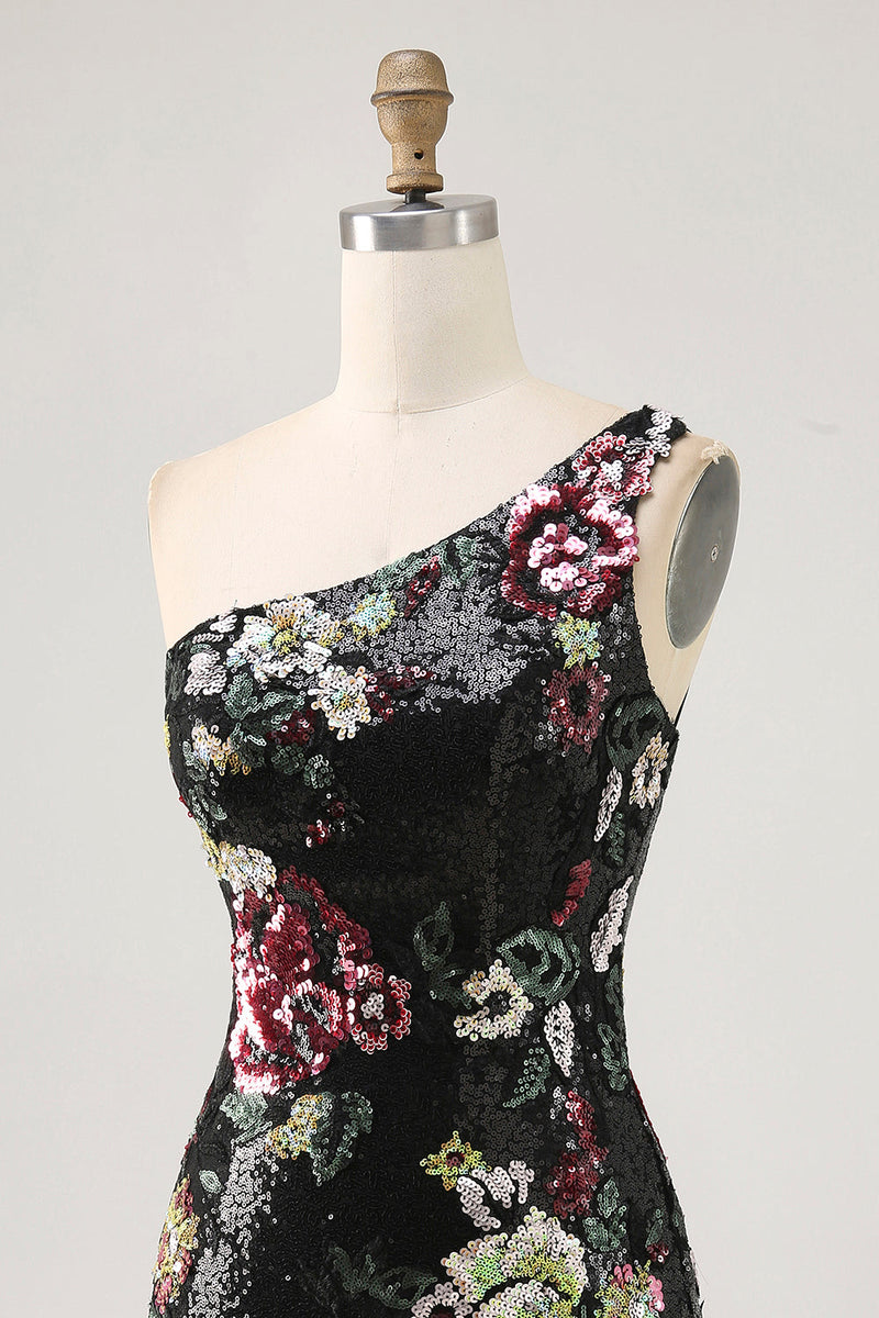 Load image into Gallery viewer, Sparkly One Shoulder Black Sequin Floral Short Homecoming Dress with Fringes