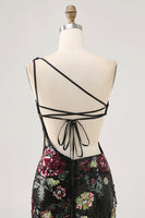 Load image into Gallery viewer, Sparkly One Shoulder Black Sequin Floral Short Homecoming Dress with Fringes