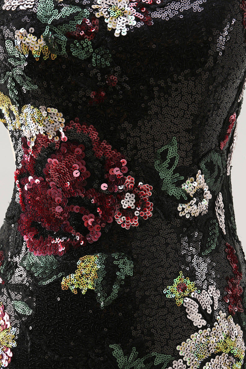 Load image into Gallery viewer, Sparkly One Shoulder Black Sequin Floral Short Homecoming Dress with Fringes