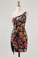 Load image into Gallery viewer, Sparkly Black Sequin Floral Embroidery Short Homecoming Dress