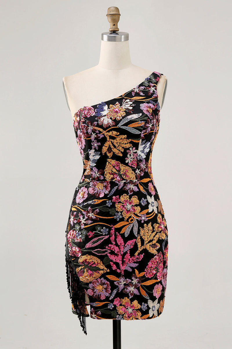 Load image into Gallery viewer, Sparkly Black Sequin Floral Embroidery Short Homecoming Dress