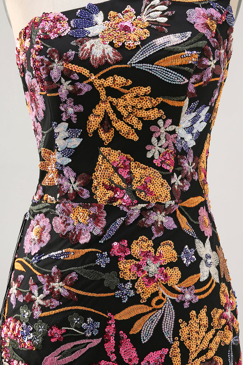 Load image into Gallery viewer, Sparkly Black Sequin Floral Embroidery Short Homecoming Dress