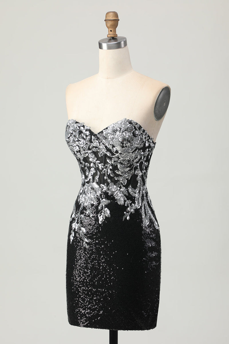 Load image into Gallery viewer, Sparkly Black Silver Sweetheart Tight Sequins Short Homecoming Dress