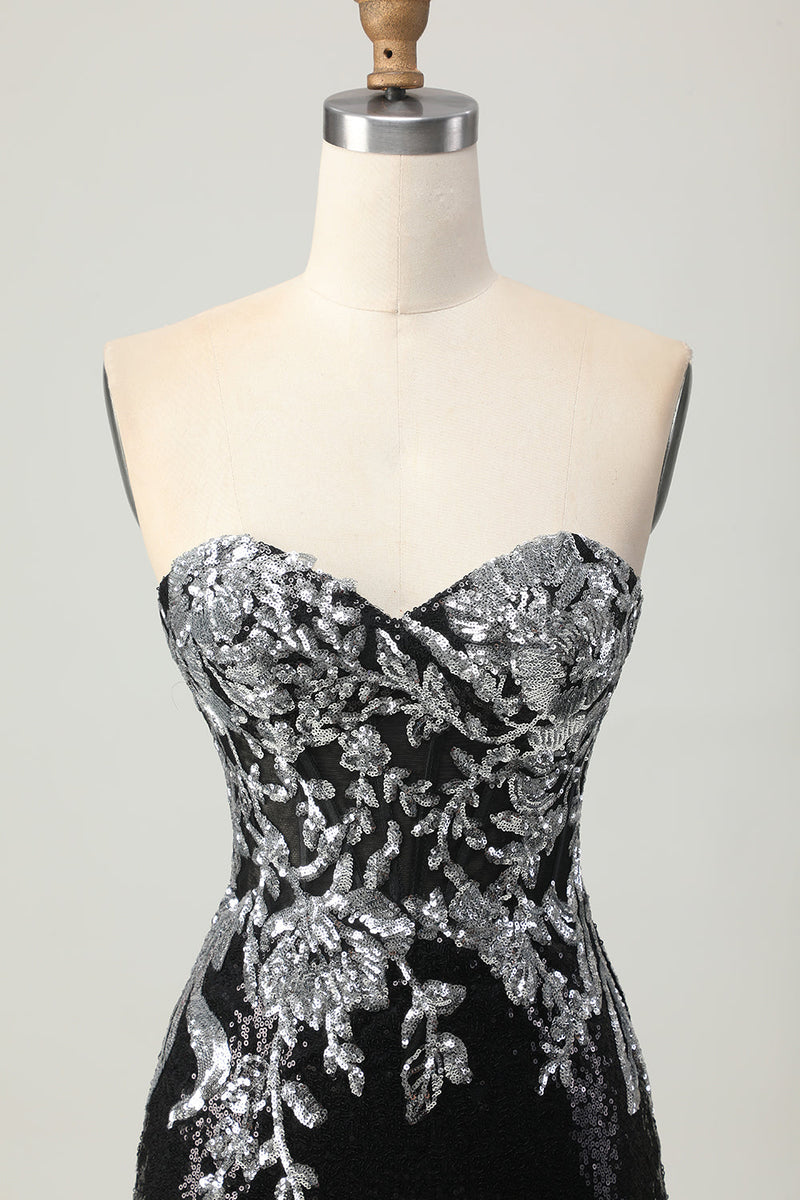 Load image into Gallery viewer, Sparkly Black Silver Sweetheart Tight Sequins Short Homecoming Dress