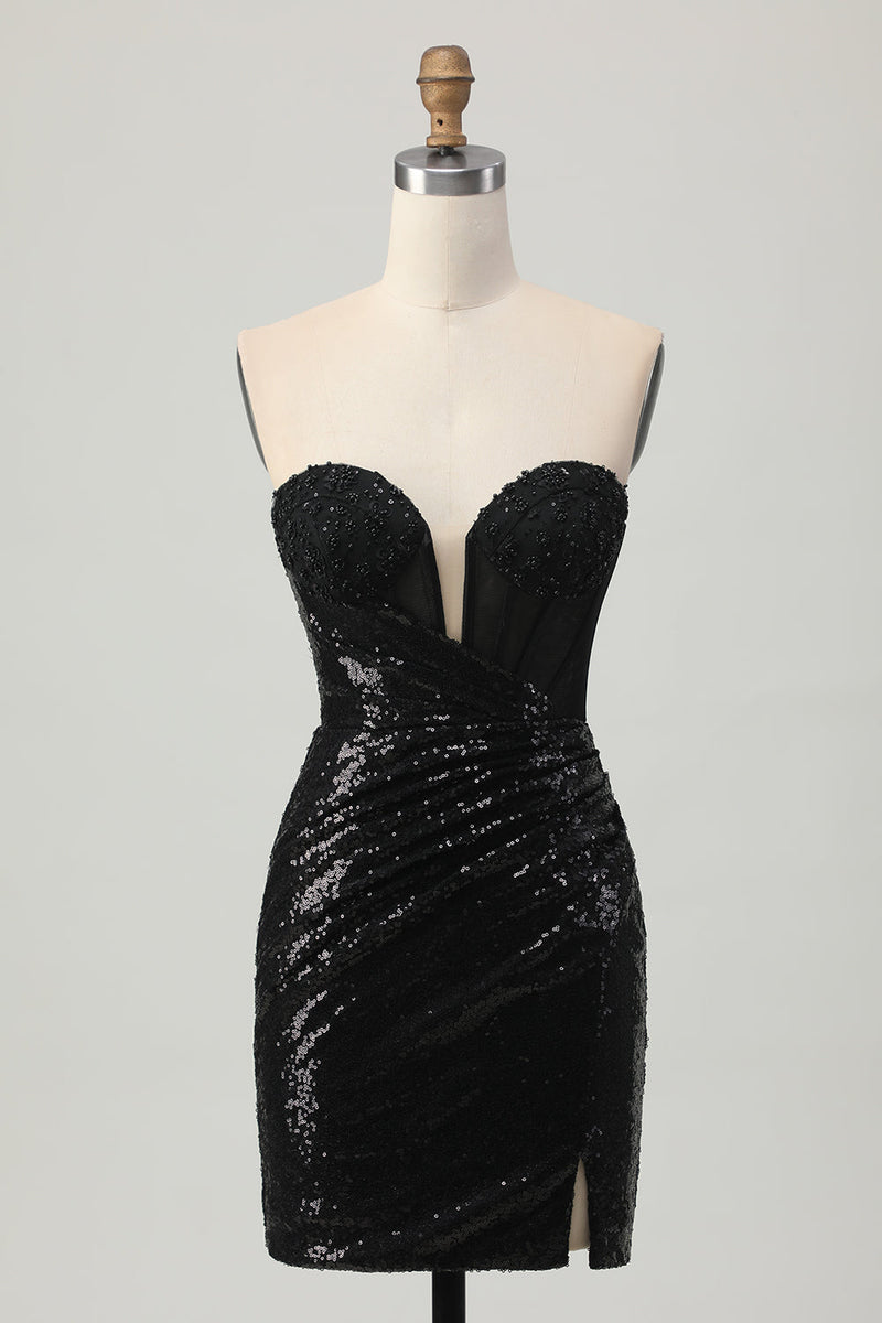 Load image into Gallery viewer, Sparkly Black Sweetheart Tight Short Homecoming Dress with Sequins