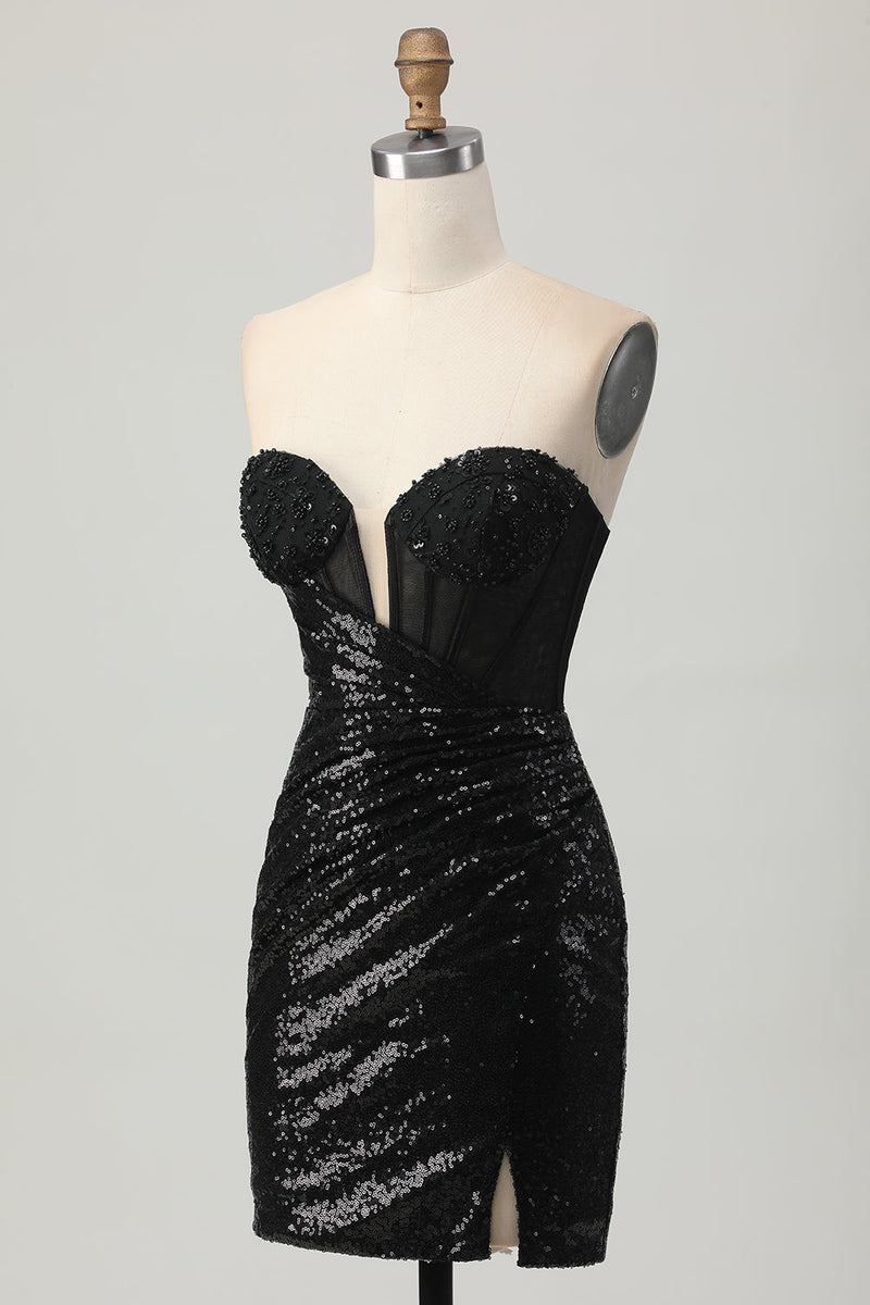 Load image into Gallery viewer, Sparkly Black Sweetheart Tight Short Homecoming Dress with Sequins