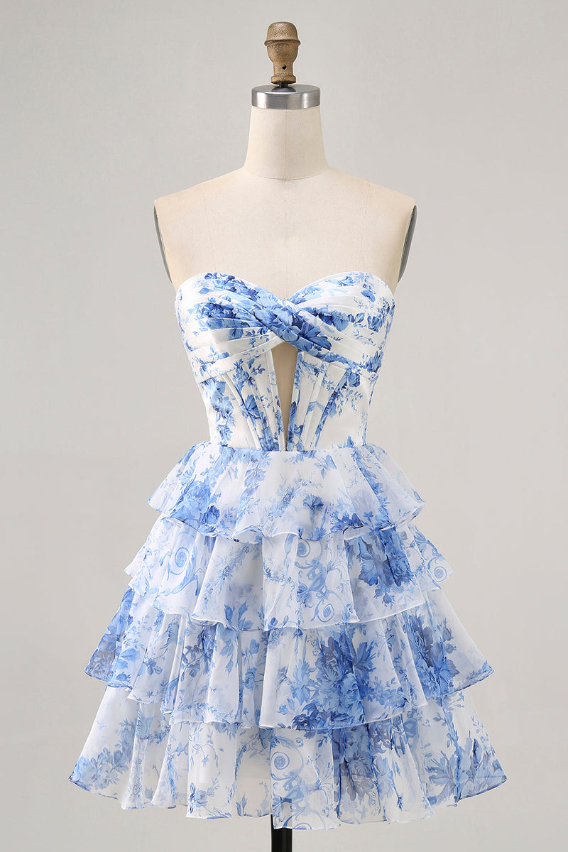 Load image into Gallery viewer, White and Blue Floral Short Corset Ruffled Homecoming Dress with Keyhole