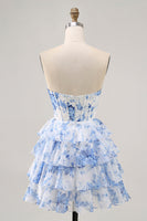 Load image into Gallery viewer, White and Blue Floral Short Corset Ruffled Homecoming Dress with Keyhole