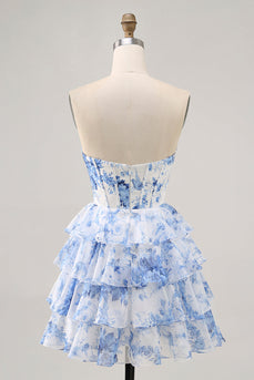 White and Blue Floral Short Corset Ruffled Homecoming Dress with Keyhole