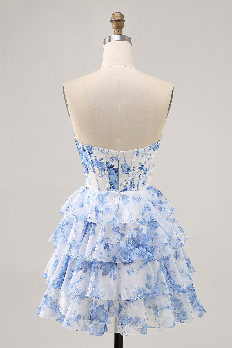 Load image into Gallery viewer, White and Blue Floral Short Corset Ruffled Homecoming Dress with Keyhole