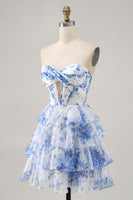 Load image into Gallery viewer, White and Blue Floral Short Corset Ruffled Homecoming Dress with Keyhole