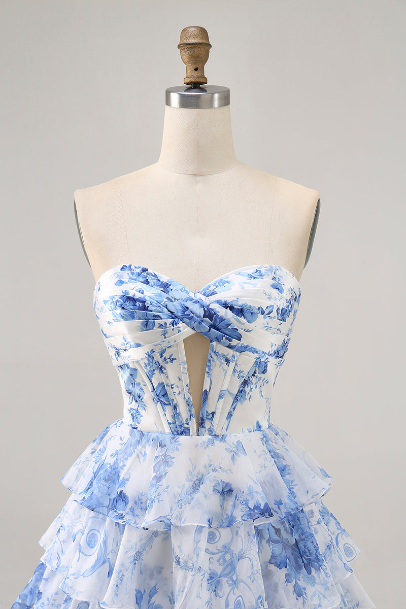 Load image into Gallery viewer, White and Blue Floral Short Corset Ruffled Homecoming Dress with Keyhole