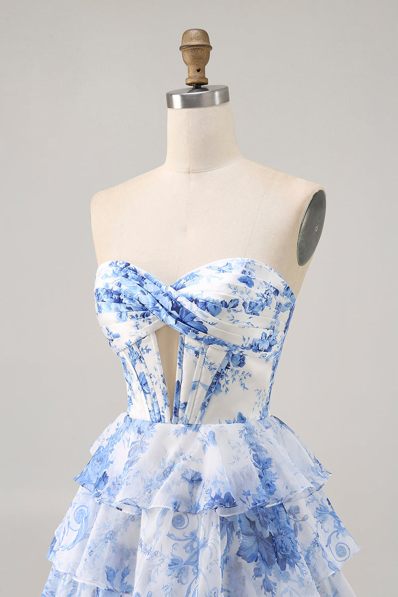 Load image into Gallery viewer, White and Blue Floral Short Corset Ruffled Homecoming Dress with Keyhole