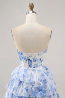Load image into Gallery viewer, White and Blue Floral Short Corset Ruffled Homecoming Dress with Keyhole