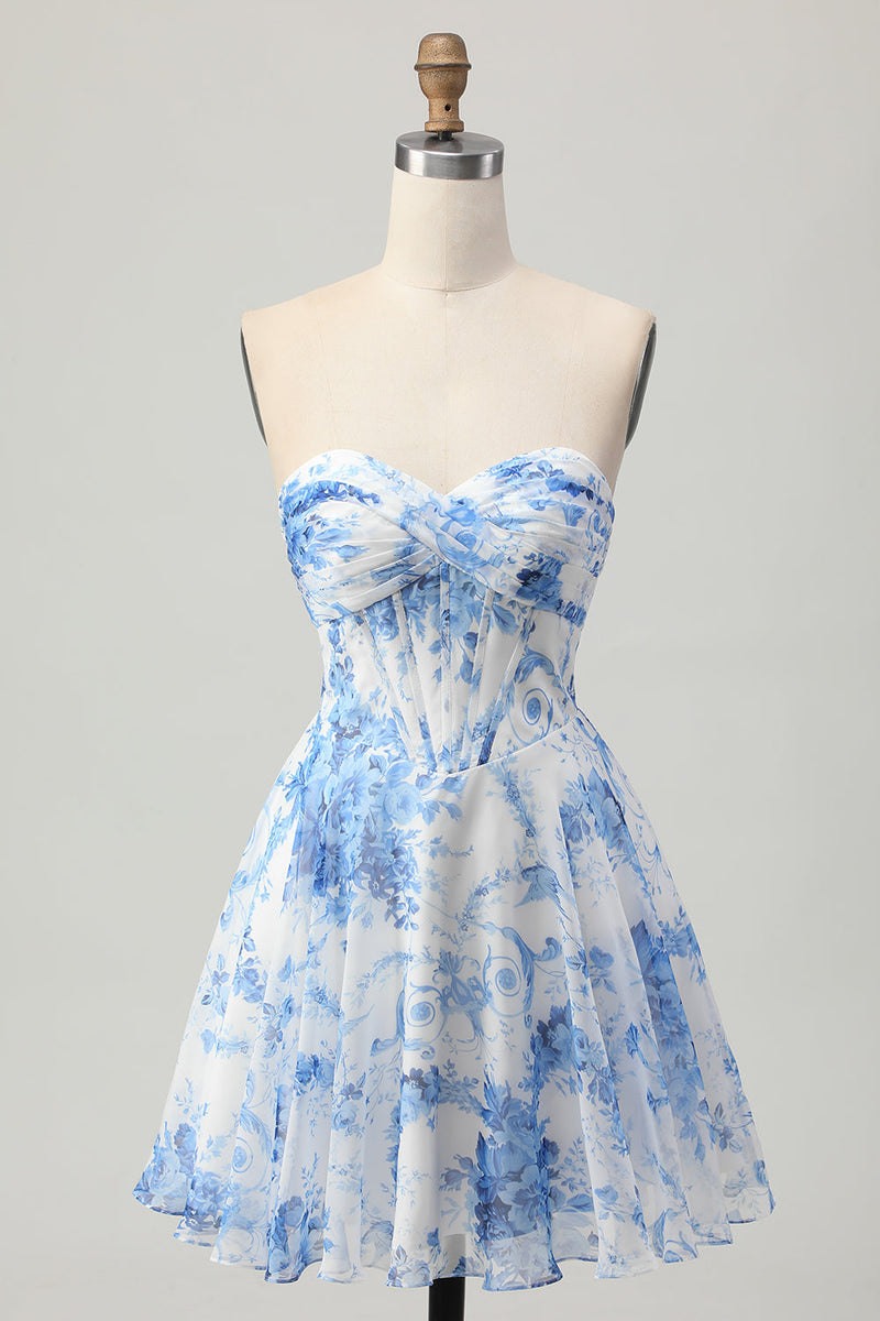 Load image into Gallery viewer, White Blue Flower A Line Short Corset Homecoming Dress