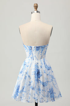 White Blue Flower A Line Short Corset Homecoming Dress