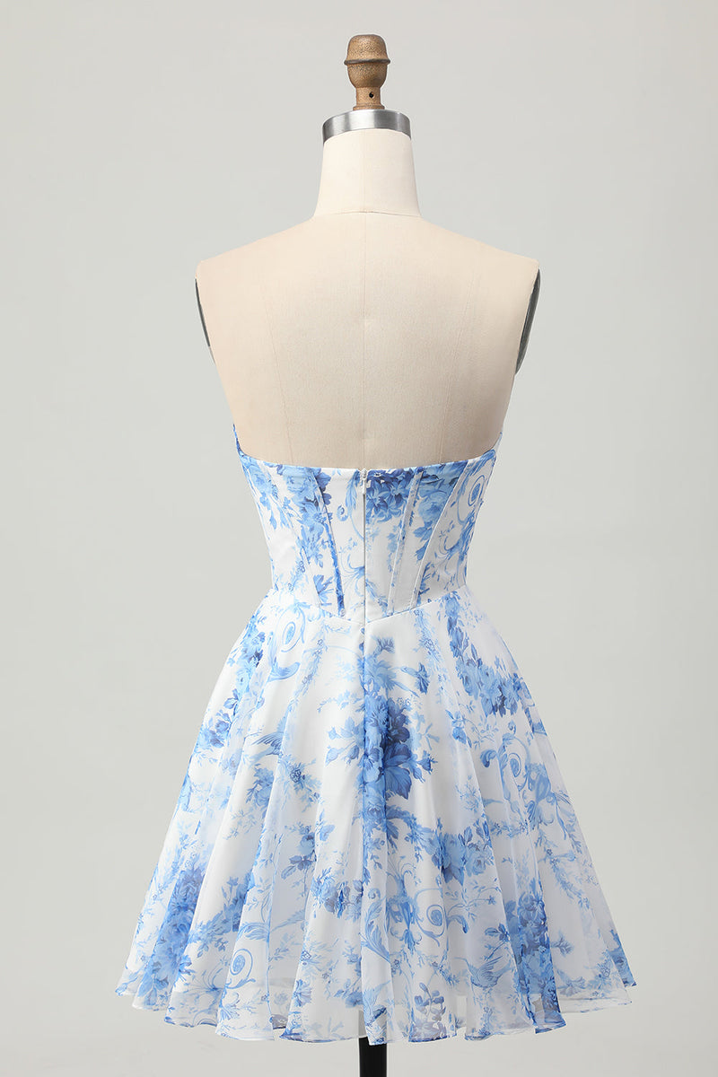 Load image into Gallery viewer, White Blue Flower A Line Short Corset Homecoming Dress