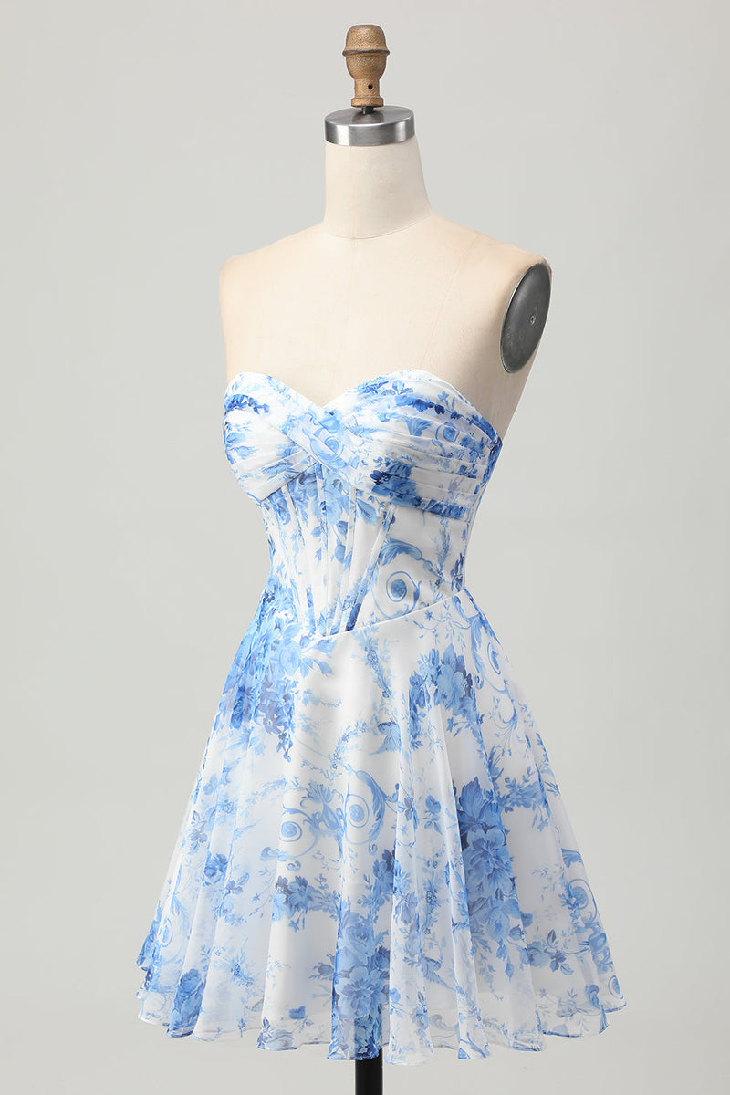 Load image into Gallery viewer, White Blue Flower A Line Short Corset Homecoming Dress