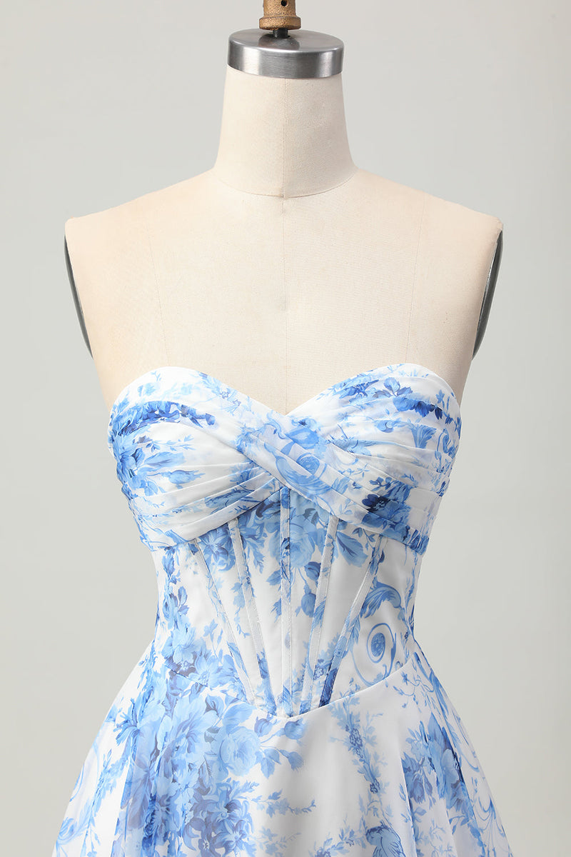 Load image into Gallery viewer, White Blue Flower A Line Short Corset Homecoming Dress