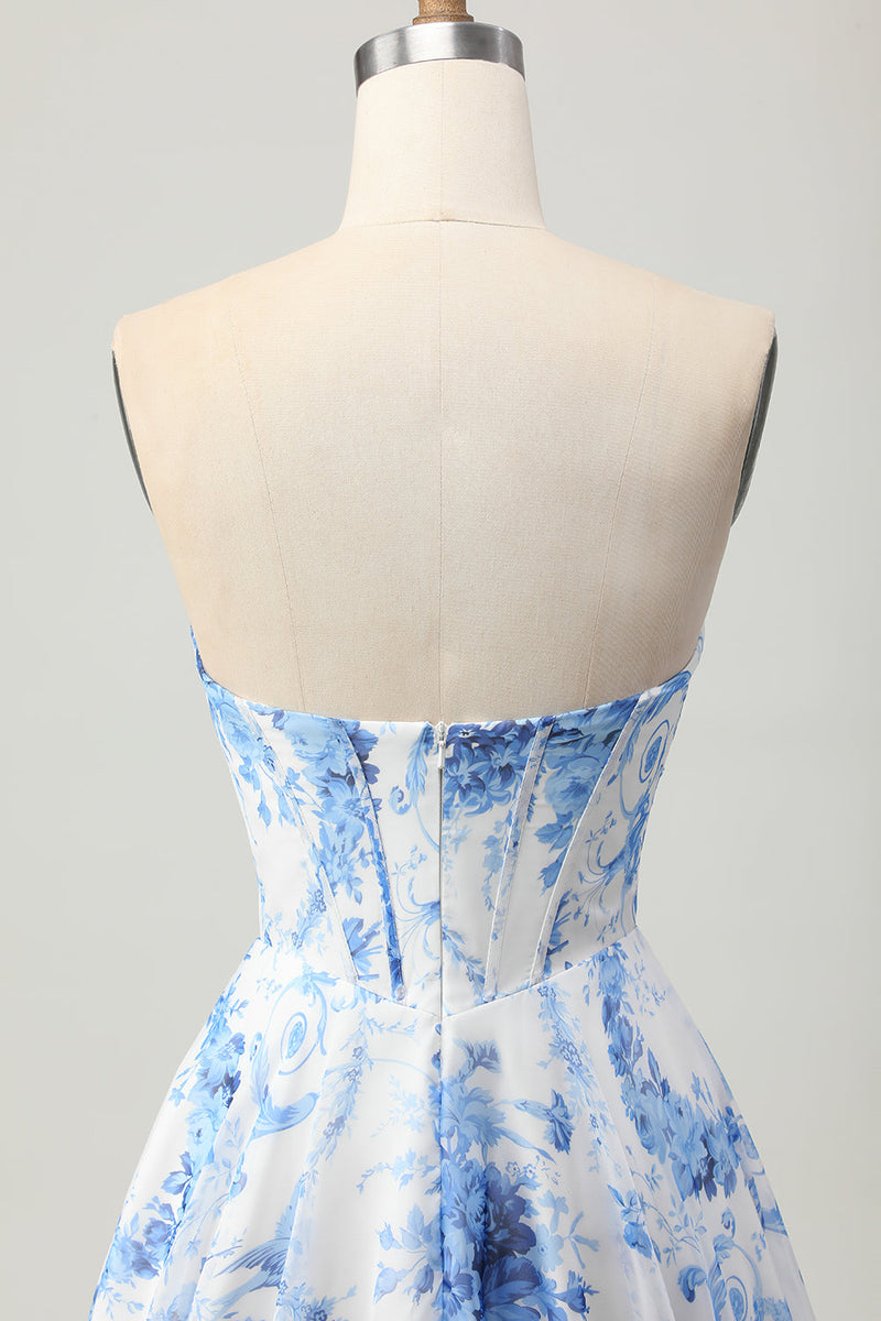 Load image into Gallery viewer, White Blue Flower A Line Short Corset Homecoming Dress